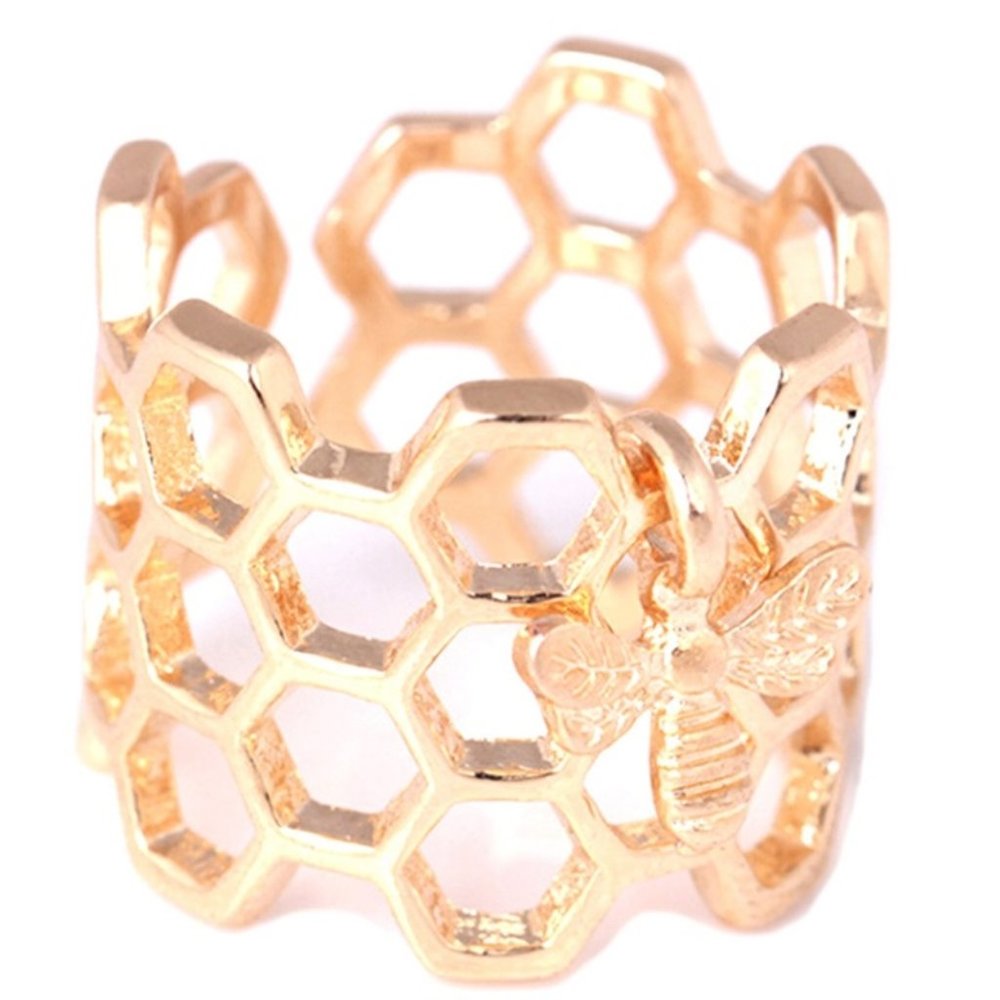 Bee Honeycomb Open Hexagon Gold Steel Ring - Adj. - Picture 4 of 5